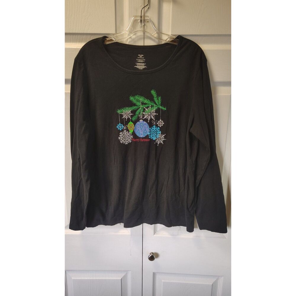 Women's Festive Christmas Ornaments & Snowflakes Black Long Sleeve Shirt XXL(20)